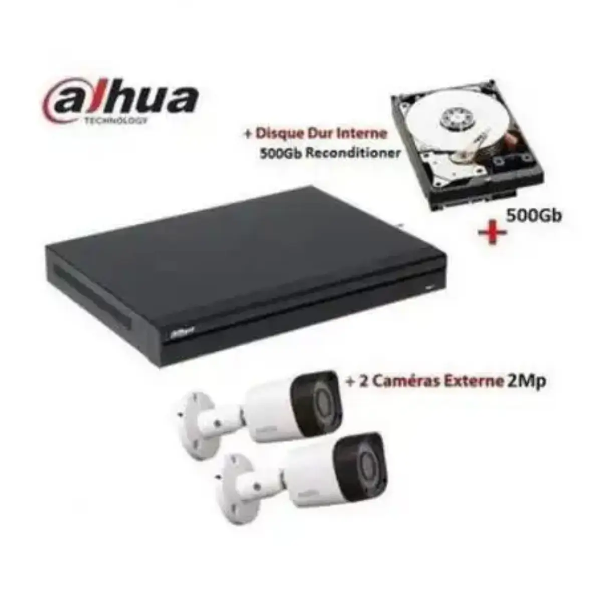 Dahua Kit serveur vidéo surveillance :DVR 4CH + 2 caméras 2MP +Disque Dur HDD 500GB + 6BNC&DC PRIX MAROC 1 kit Dahua