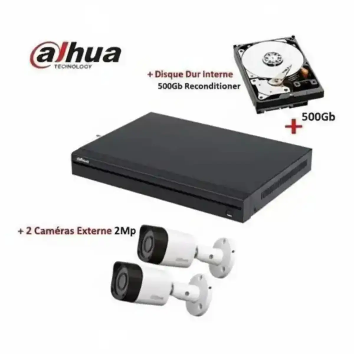 Dahua Kit serveur vidéo surveillance :DVR 4CH + 2 caméras 2MP +Disque Dur HDD 500GB + 6BNC&DC PRIX MAROC 2 Dahua Kit