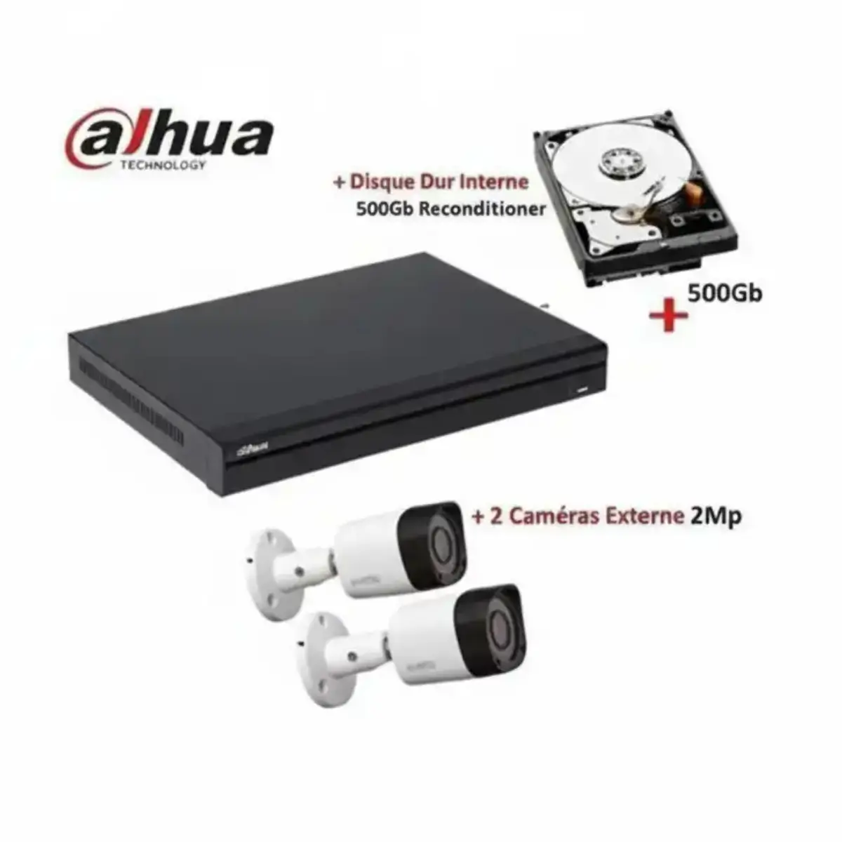 Dahua Kit vidéo surveillance 2 caméras 2MP d'extérieur HD +DVR 4 ports+ +Disque Dur interne 500Go PRIX MAROC 1 Dahua Kit Vidéo Surveillance